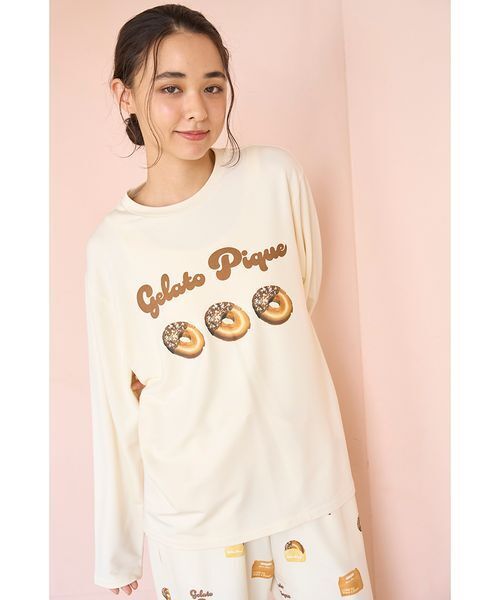 ジェラートピケ　ドーナツ柄　ワンポイントロンT ロングパンツ　クリーム　ベージュ gelato pique（ジェラートピケ）の「ドーナツワンポイントロンT