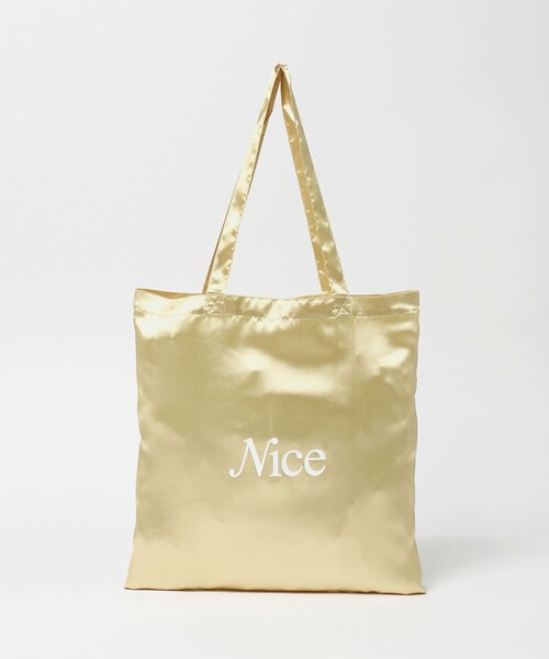 NICE WEATHER(ナイスウェザー)の「<NICE WEATHER>サテン シグネチャーロゴ トートバッグ(トートバッグ・レディース・シルバー/ゴールド・FREE)」の1枚目の写真