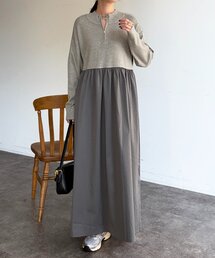 異素材ドッキングハーフジップワンピース