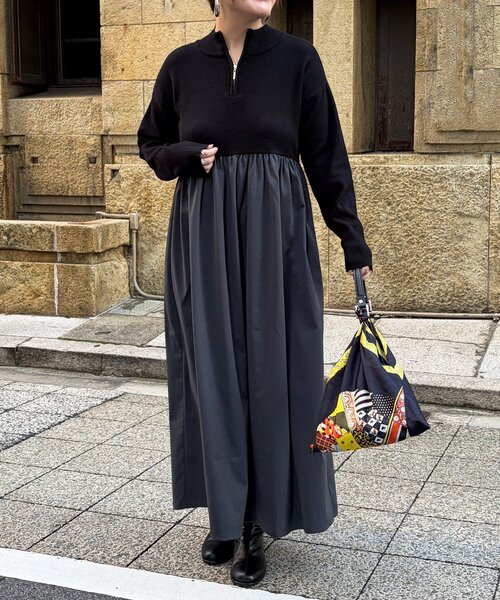 異素材ドッキングハーフジップワンピース（ワンピース）｜Chez toi