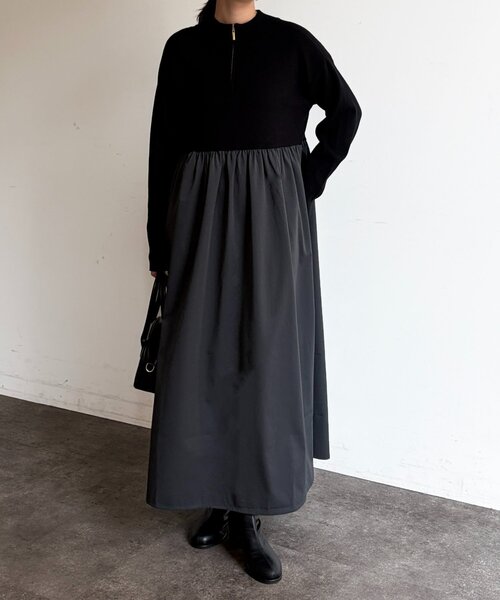 Chez toi(シェトワ)の「異素材ドッキングハーフジップワンピース(ワンピース・レディース・グレー/ブラック/ベージュ・FREE)」の8枚目の写真