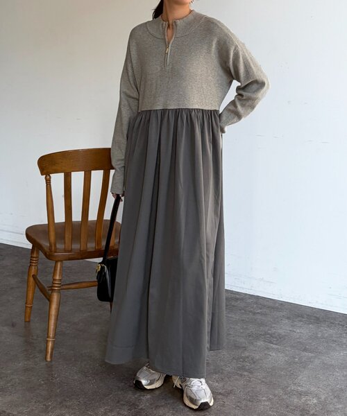 Chez toi(シェトワ)の「異素材ドッキングハーフジップワンピース(ワンピース・レディース・グレー/ブラック/ベージュ・FREE)」の18枚目の写真
