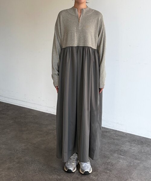 異素材ドッキングハーフジップワンピース（ワンピース）｜Chez toi