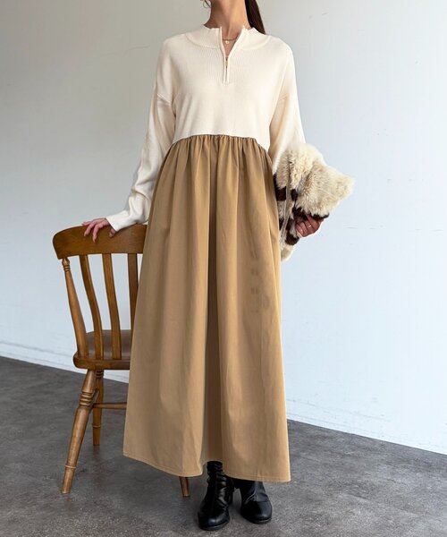 異素材ドッキングハーフジップワンピース（ワンピース）｜Chez toi