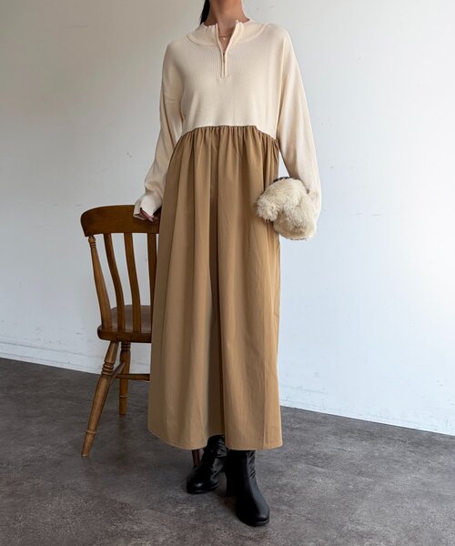 異素材ドッキングハーフジップワンピース（ワンピース）｜Chez toi