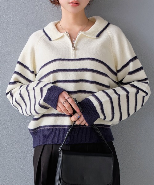 セール】ボーダー柄 衿付きハーフジップポロニット（ニット/セーター