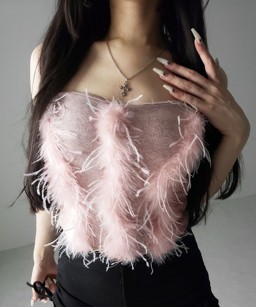 me+em select(ミームセレクト)の「【 3color 】フェザーファードッキングビスチェベアトップ / feather fur docking bustier bare tops(その他トップス・レディース・ブラック/ホワイト/ピンク・FREE)」の9枚目の写真