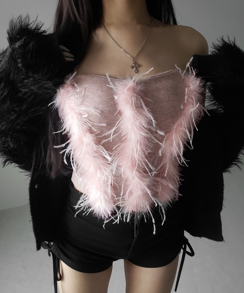 me+em select(ミームセレクト)の「【 3color 】フェザーファードッキングビスチェベアトップ / feather fur docking bustier bare tops(その他トップス・レディース・ブラック/ホワイト/ピンク・FREE)」の12枚目の写真