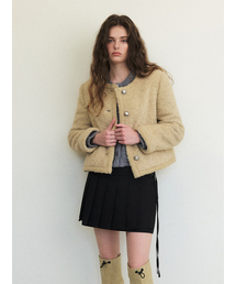 Trimmed Tweed Fur Jacket, Yellow Beige