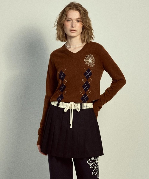 セール】CASHMERE BLENDED V NECK ARGYLE / カシミヤ ブレンド Vネック