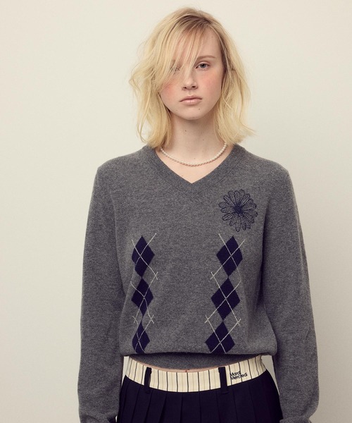 セール】CASHMERE BLENDED V NECK ARGYLE / カシミヤ ブレンド Vネック