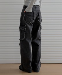 フリンジユニークラインカーゴストレートデニムパンツ