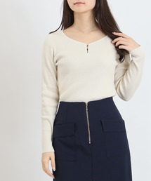 TRUDEA（トルディア）の「ラインストーンハートネック リブニット長袖(300日着られるニット/イージーケア/抗ピリング加工/ウォッシャブル)（ニット/セーター）」