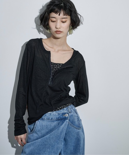 THE YOn(ザヨン)の「シアーリブホックヘンリーネックプルオーバー(Tシャツ/カットソー・レディース・ブラック/オフホワイト/グレー/ピンク・FREE)」の5枚目の写真