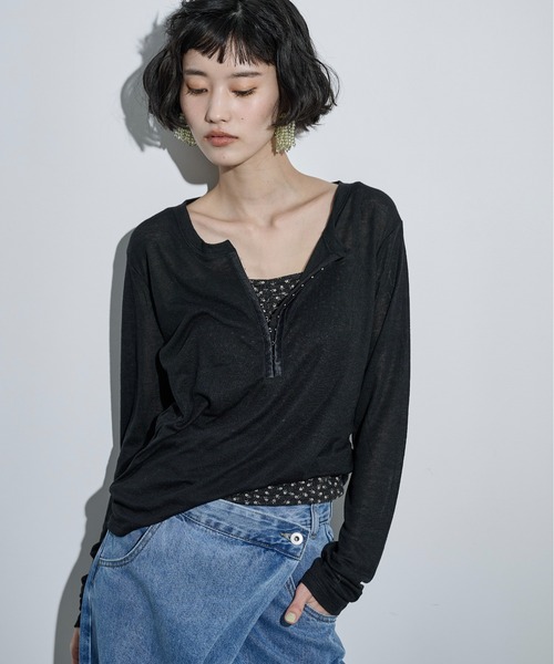 THE YOn(ザヨン)の「シアーリブホックヘンリーネックプルオーバー(Tシャツ/カットソー・レディース・ブラック/オフホワイト/グレー/ピンク・FREE)」の7枚目の写真