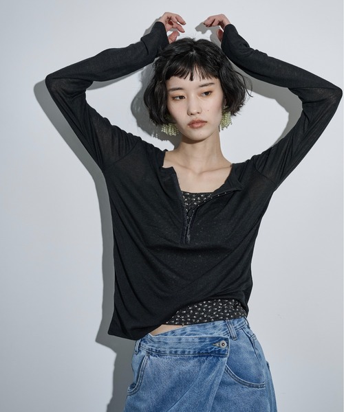 THE YOn(ザヨン)の「シアーリブホックヘンリーネックプルオーバー(Tシャツ/カットソー・レディース・ブラック/オフホワイト/グレー/ピンク・FREE)」の8枚目の写真