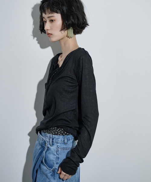 THE YOn(ザヨン)の「シアーリブホックヘンリーネックプルオーバー(Tシャツ/カットソー・レディース・ブラック/オフホワイト/グレー/ピンク・FREE)」の9枚目の写真