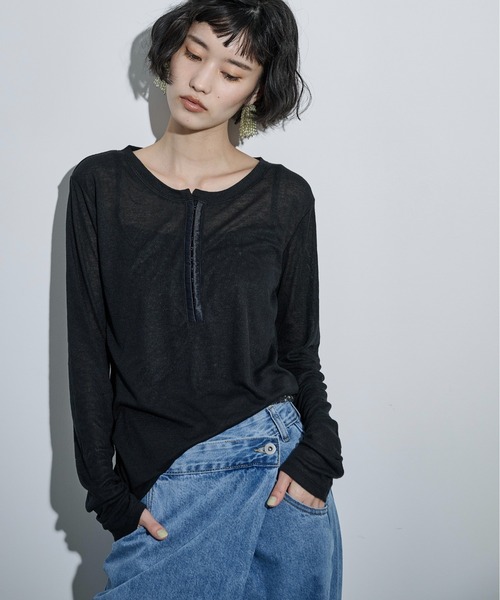 THE YOn(ザヨン)の「シアーリブホックヘンリーネックプルオーバー(Tシャツ/カットソー・レディース・ブラック/オフホワイト/グレー/ピンク・FREE)」の18枚目の写真