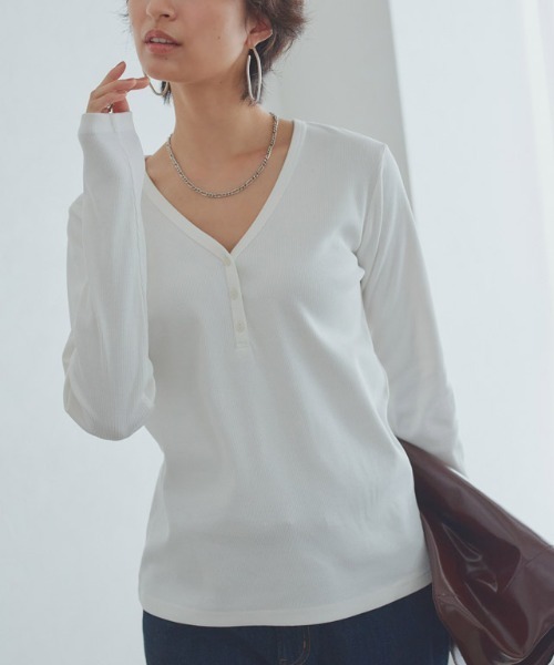 RASW（ラス）の「[RASW]ヘンリーネックテレコリブカットソー（Tシャツ/カットソー・レディース・ブラック/オフホワイト・M/L）」の2枚目の写真