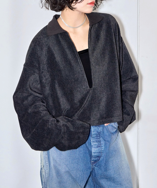 CITYSHOP（シティーショップ）の「[THE MOOD]パイルスキッパーTシャツ（Tシャツ/カットソー・レディース・ブラック/チャコールグレー・FREE）」の2枚目の写真