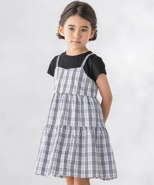 BeBe Petits Pois Vert(ベベプチポワヴェール)の「【店舗限定】マドラスチェックドッキングワンピース(ワンピース・キッズ・ブルー系その他2/ブラック系その他・140cm/130cm/120cm/110cm/100cm/150cm)」の1枚目の写真