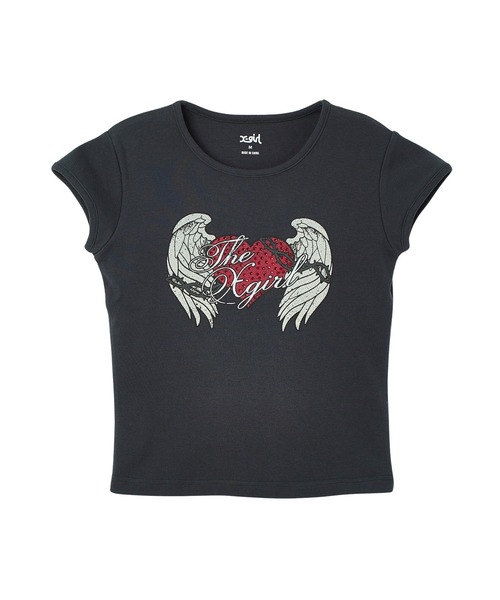 X-girl（エックスガール）の「RHINESTONE HEART AND WING S/S BABY TEE（Tシャツ/カットソー・レディース・ホワイト/チャコール/ベージュ・S/M）」の3枚目の写真