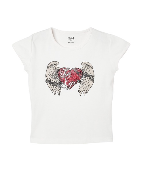 X-girl（エックスガール）の「RHINESTONE HEART AND WING S/S BABY TEE（Tシャツ/カットソー・レディース・ホワイト/チャコール/ベージュ・S/M）」の6枚目の写真