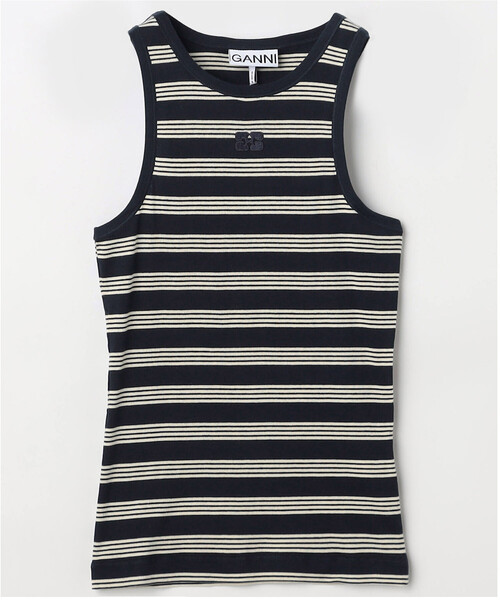 GANNI（ガニー）の「GANNI/ガニー Soft Cotton Rib Tank Top / A1050049 / ワンポイントロゴ 刺繍 リブニット タンク（タンクトップ・レディース・ピンク/ブラウン/サックスブルー・SMALL）」の2枚目の写真