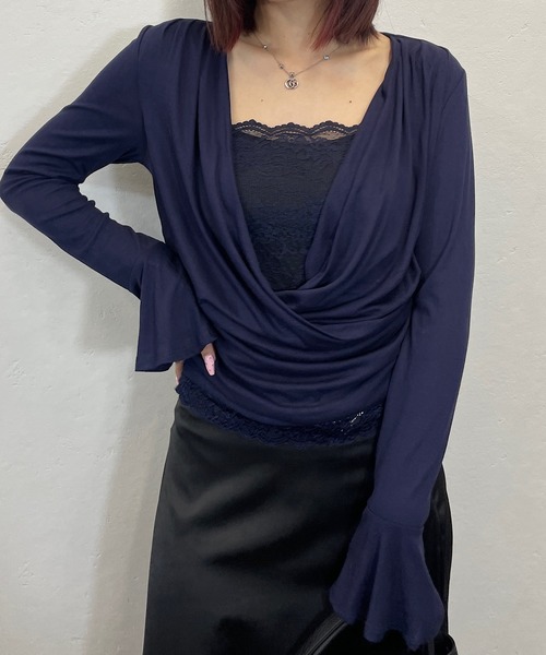 ROGER AND RAW(ロジャーアンドロウ)の「レース切替カシュクールドレープトップス(Tシャツ/カットソー・レディース・グレー/ネイビー・FREE)」の14枚目の写真