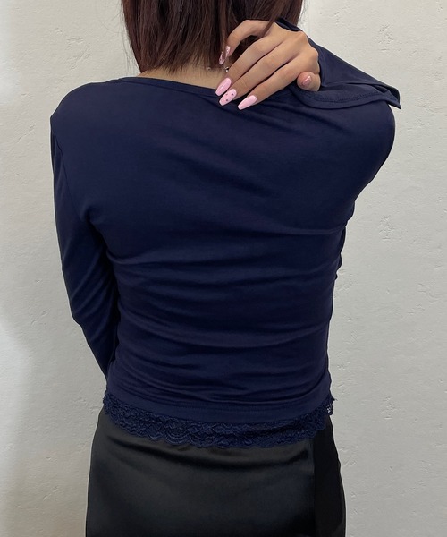 ROGER AND RAW(ロジャーアンドロウ)の「レース切替カシュクールドレープトップス(Tシャツ/カットソー・レディース・グレー/ネイビー・FREE)」の9枚目の写真