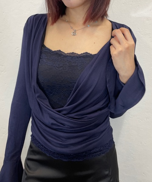 ROGER AND RAW(ロジャーアンドロウ)の「レース切替カシュクールドレープトップス(Tシャツ/カットソー・レディース・グレー/ネイビー・FREE)」の6枚目の写真