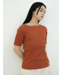 Wide rib short sleeve knit pullover