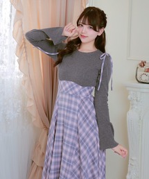 異素材 チェック柄 リボン ハイウエスト ワンピース