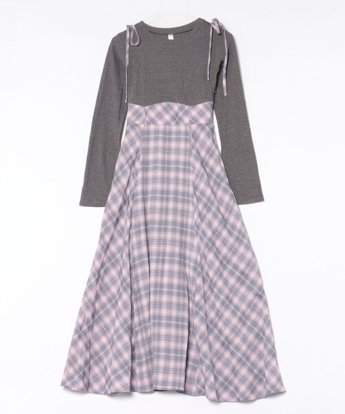 Anely（アネリー）の「異素材 チェック柄 リボン ハイウエスト ワンピース（ワンピース・レディース・ブラック/ブラウン/グレー・FREE）」の4枚目の写真