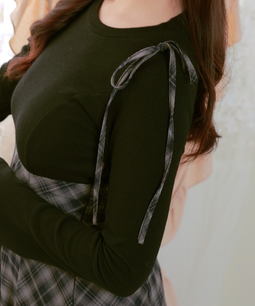 Anely（アネリー）の「異素材 チェック柄 リボン ハイウエスト ワンピース（ワンピース・レディース・ブラック/ブラウン/グレー・FREE）」の9枚目の写真