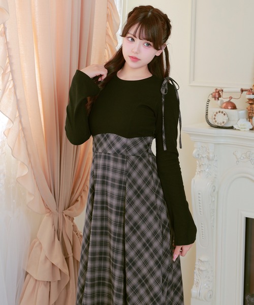Anely（アネリー）の「異素材 チェック柄 リボン ハイウエスト ワンピース（ワンピース・レディース・ブラック/ブラウン/グレー・FREE）」の14枚目の写真