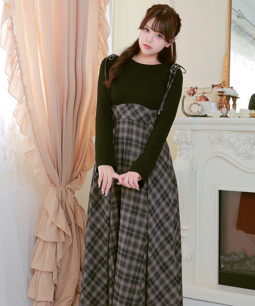 Anely（アネリー）の「異素材 チェック柄 リボン ハイウエスト ワンピース（ワンピース・レディース・ブラック/ブラウン/グレー・FREE）」の16枚目の写真