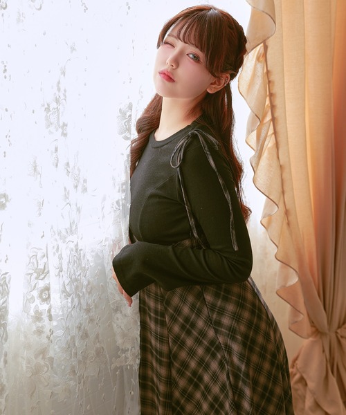 Anely（アネリー）の「異素材 チェック柄 リボン ハイウエスト ワンピース（ワンピース・レディース・ブラック/ブラウン/グレー・FREE）」の18枚目の写真