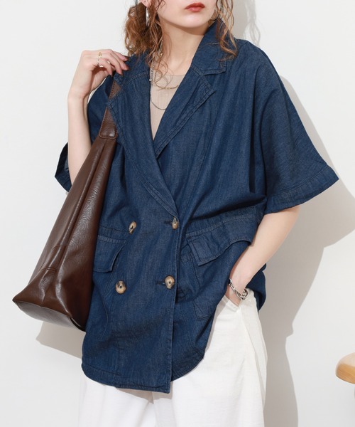 atONE（アットワン）の「エアリーデニム半袖シャツジャケット（テーラードジャケット・レディース・ネイビー/ワンウォッシュ・LL～3L/4L～5L/M～Ｌ）」の2枚目の写真
