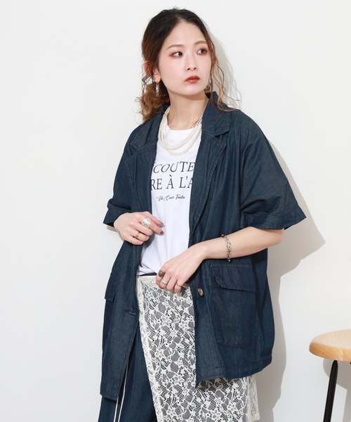 atONE（アットワン）の「エアリーデニム半袖シャツジャケット（テーラードジャケット・レディース・ネイビー/ワンウォッシュ・LL～3L/4L～5L/M～Ｌ）」の10枚目の写真