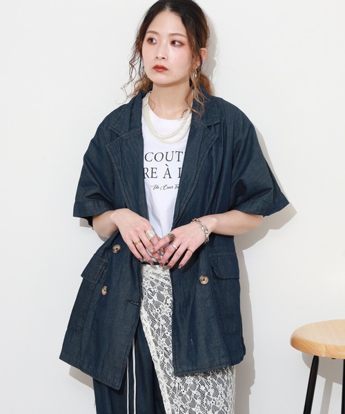 atONE（アットワン）の「エアリーデニム半袖シャツジャケット（テーラードジャケット・レディース・ネイビー/ワンウォッシュ・LL～3L/4L～5L/M～Ｌ）」の12枚目の写真