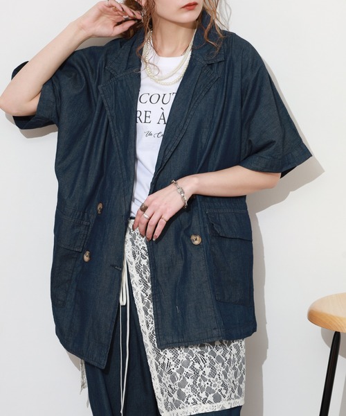 atONE（アットワン）の「エアリーデニム半袖シャツジャケット（テーラードジャケット・レディース・ネイビー/ワンウォッシュ・LL～3L/4L～5L/M～Ｌ）」の14枚目の写真
