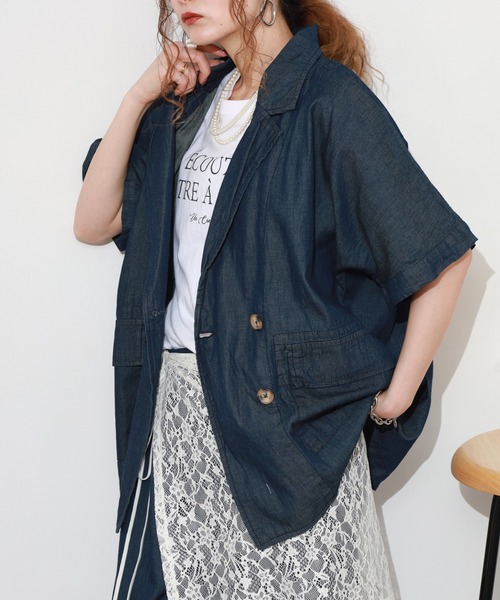 atONE（アットワン）の「エアリーデニム半袖シャツジャケット（テーラードジャケット・レディース・ネイビー/ワンウォッシュ・LL～3L/4L～5L/M～Ｌ）」の15枚目の写真