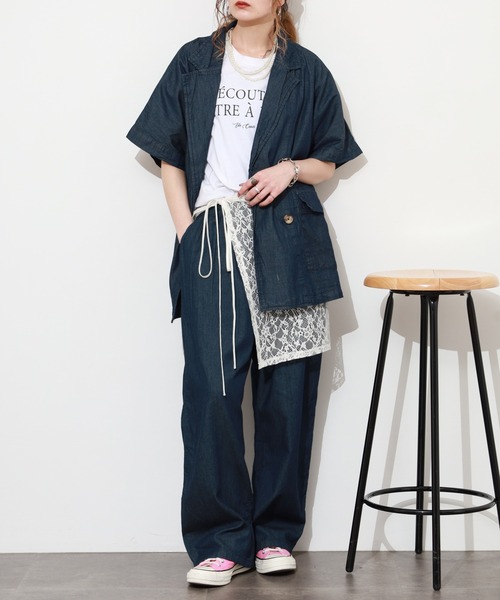 atONE（アットワン）の「エアリーデニム半袖シャツジャケット（テーラードジャケット・レディース・ネイビー/ワンウォッシュ・LL～3L/4L～5L/M～Ｌ）」の16枚目の写真