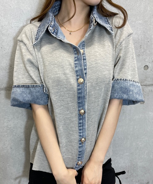 ROGER AND RAW(ロジャーアンドロウ)の「デニムドッキングニットカーディガン 半袖/長袖 袖2タイプ(カーディガン/ボレロ・レディース・グレー/ホワイト/ベージュ/ブラック/ブラック系その他/ベージュ系その他・FREE)」の1枚目の写真