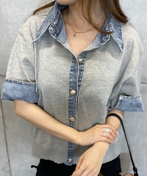 ROGER AND RAW(ロジャーアンドロウ)の「デニムドッキングニットカーディガン 半袖/長袖 袖2タイプ(カーディガン/ボレロ・レディース・グレー/ホワイト/ベージュ/ブラック/ブラック系その他/ベージュ系その他・FREE)」の13枚目の写真