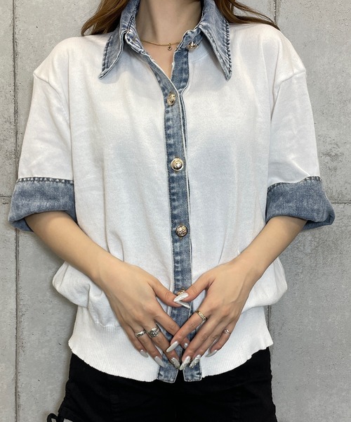 ROGER AND RAW(ロジャーアンドロウ)の「デニムドッキングニットカーディガン 半袖/長袖 袖2タイプ(カーディガン/ボレロ・レディース・グレー/ホワイト/ベージュ/ブラック/ブラック系その他/ベージュ系その他・FREE)」の17枚目の写真