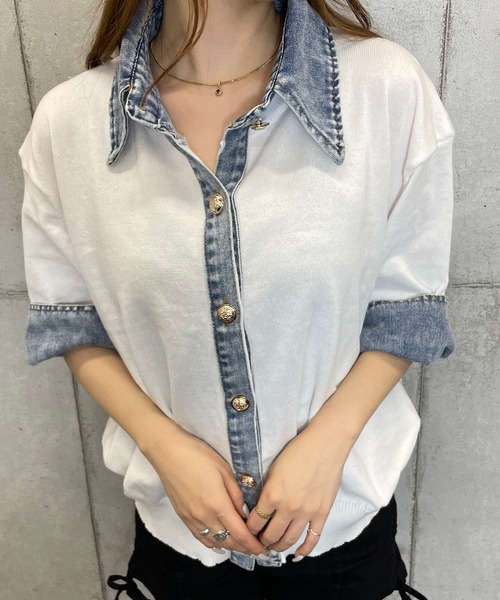 ROGER AND RAW(ロジャーアンドロウ)の「デニムドッキングニットカーディガン 半袖/長袖 袖2タイプ(カーディガン/ボレロ・レディース・グレー/ホワイト/ベージュ/ブラック/ブラック系その他/ベージュ系その他・FREE)」の22枚目の写真