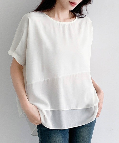 LOWO(ロワ)の「配色レイヤード風オーバーサイズ半袖カットソー(Tシャツ/カットソー・レディース・ホワイト/チャコールグレー・FREE)」の7枚目の写真