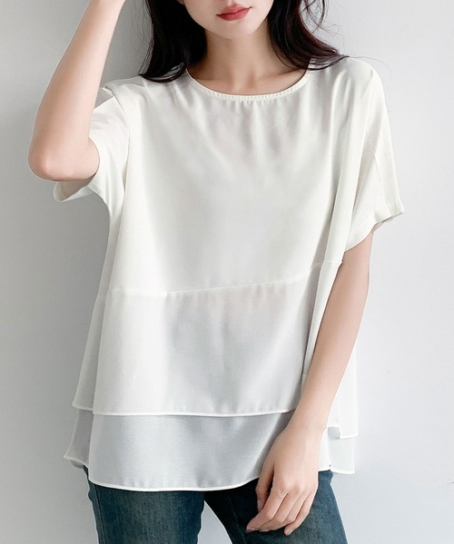 LOWO(ロワ)の「配色レイヤード風オーバーサイズ半袖カットソー(Tシャツ/カットソー・レディース・ホワイト/チャコールグレー・FREE)」の8枚目の写真